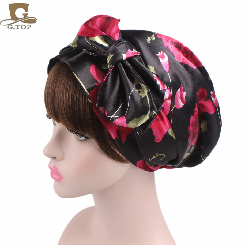 Women's Satin Print Ribbon Bowknot Tam-O'-Shanter Nightcap Silk Pile Cap Long Tail Woven Hat Women's Satin Print Ribbon Bowknot Tam-O'-Shanter Nightcap Silk Pile Cap Long Tail Woven Hat
