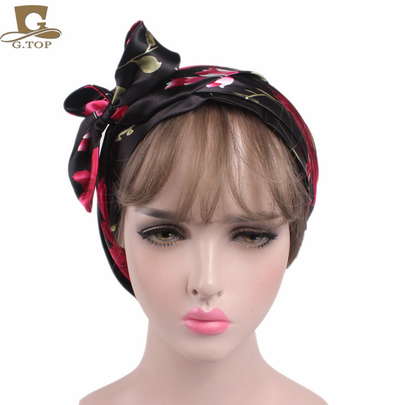 Women's Satin Print Ribbon Bowknot Tam-O'-Shanter Nightcap Silk Pile Cap Long Tail Woven Hat Women's Satin Print Ribbon Bowknot Tam-O'-Shanter Nightcap Silk Pile Cap Long Tail Woven Hat