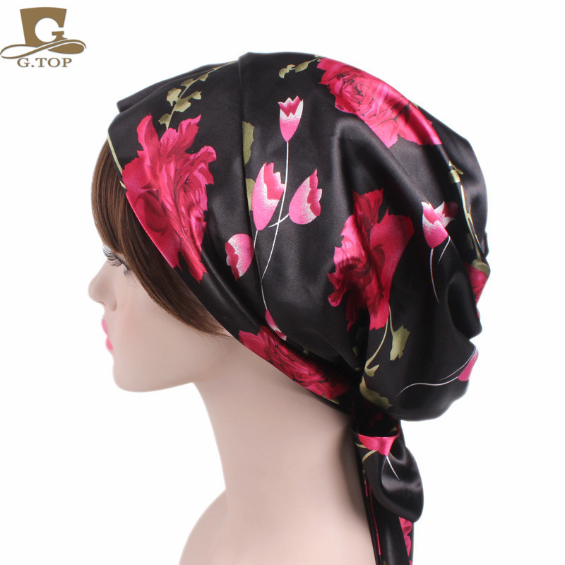 Women's Satin Print Ribbon Bowknot Tam-O'-Shanter Nightcap Silk Pile Cap Long Tail Woven Hat Women's Satin Print Ribbon Bowknot Tam-O'-Shanter Nightcap Silk Pile Cap Long Tail Woven Hat