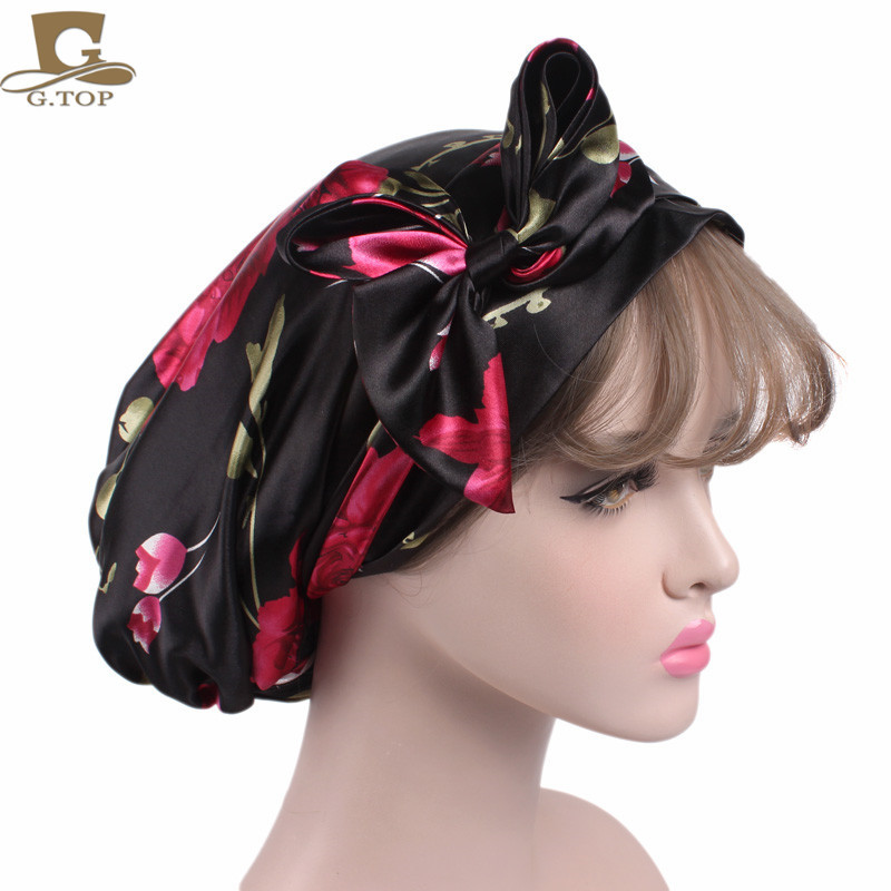 Women's Satin Print Ribbon Bowknot Tam-O'-Shanter Nightcap Silk Pile Cap Long Tail Woven Hat Women's Satin Print Ribbon Bowknot Tam-O'-Shanter Nightcap Silk Pile Cap Long Tail Woven Hat