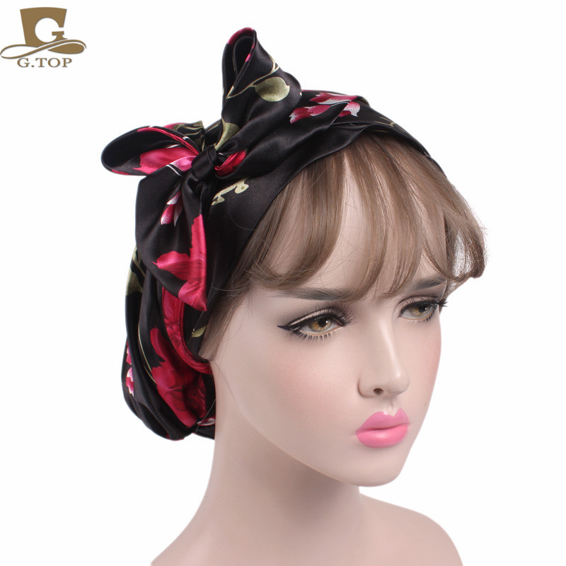 Women's Satin Print Ribbon Bowknot Tam-O'-Shanter Nightcap Silk Pile Cap Long Tail Woven Hat Women's Satin Print Ribbon Bowknot Tam-O'-Shanter Nightcap Silk Pile Cap Long Tail Woven Hat