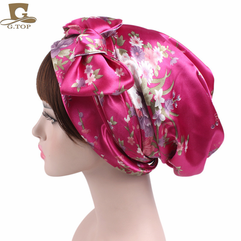 Women's Satin Print Ribbon Bowknot Tam-O'-Shanter Nightcap Silk Pile Cap Long Tail Woven Hat Women's Satin Print Ribbon Bowknot Tam-O'-Shanter Nightcap Silk Pile Cap Long Tail Woven Hat