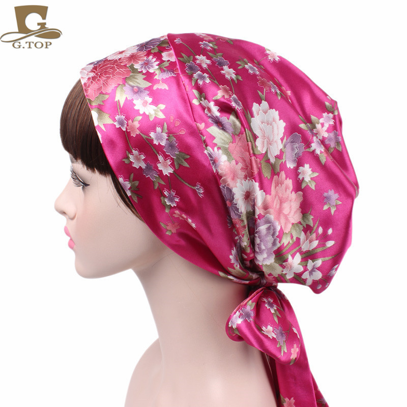 Women's Satin Print Ribbon Bowknot Tam-O'-Shanter Nightcap Silk Pile Cap Long Tail Woven Hat Women's Satin Print Ribbon Bowknot Tam-O'-Shanter Nightcap Silk Pile Cap Long Tail Woven Hat