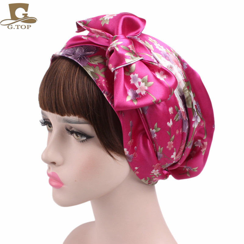 Women's Satin Print Ribbon Bowknot Tam-O'-Shanter Nightcap Silk Pile Cap Long Tail Woven Hat Women's Satin Print Ribbon Bowknot Tam-O'-Shanter Nightcap Silk Pile Cap Long Tail Woven Hat