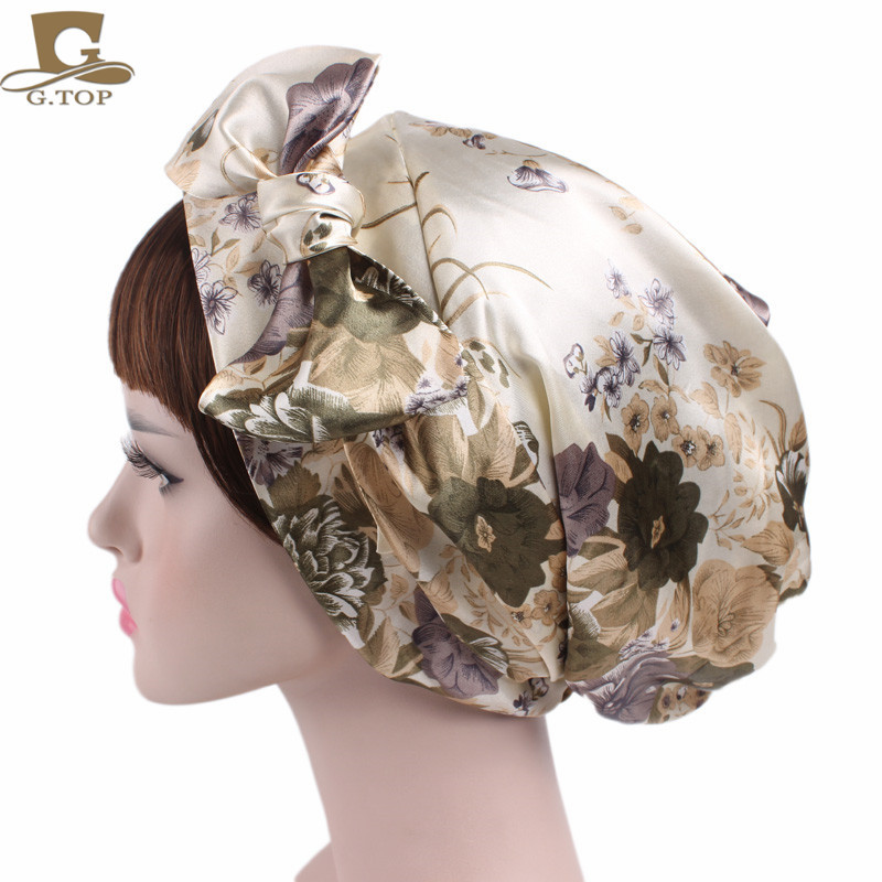 Women's Satin Print Ribbon Bowknot Tam-O'-Shanter Nightcap Silk Pile Cap Long Tail Woven Hat Women's Satin Print Ribbon Bowknot Tam-O'-Shanter Nightcap Silk Pile Cap Long Tail Woven Hat