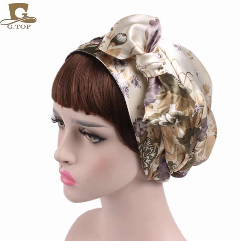 Women's Satin Print Ribbon Bowknot Tam-O'-Shanter Nightcap Silk Pile Cap Long Tail Woven Hat Women's Satin Print Ribbon Bowknot Tam-O'-Shanter Nightcap Silk Pile Cap Long Tail Woven Hat