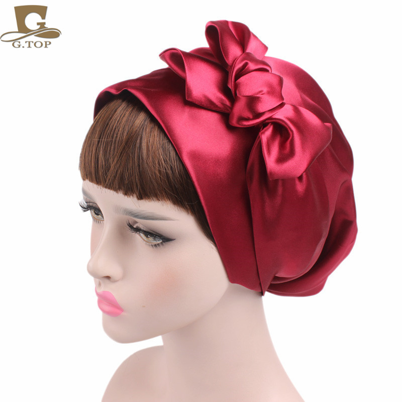 Women's Satin Print Ribbon Bowknot Tam-O'-Shanter Nightcap Silk Pile Cap Long Tail Woven Hat Women's Satin Print Ribbon Bowknot Tam-O'-Shanter Nightcap Silk Pile Cap Long Tail Woven Hat