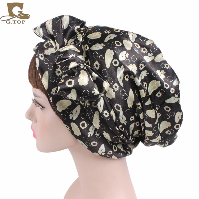Women's Satin Print Ribbon Bowknot Tam-O'-Shanter Nightcap Silk Pile Cap Long Tail Woven Hat Women's Satin Print Ribbon Bowknot Tam-O'-Shanter Nightcap Silk Pile Cap Long Tail Woven Hat