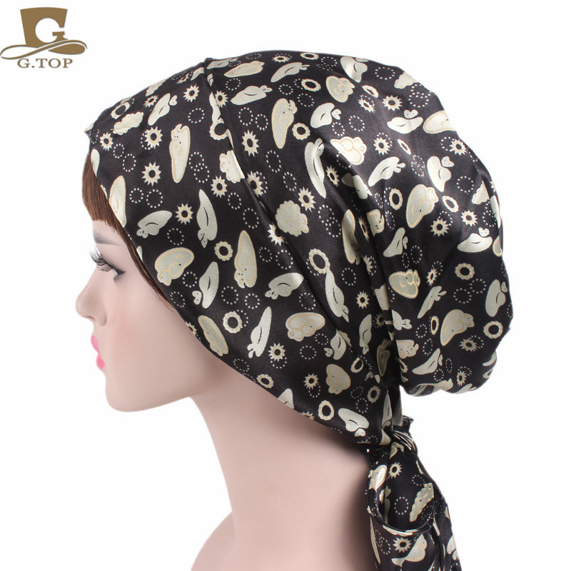 Women's Satin Print Ribbon Bowknot Tam-O'-Shanter Nightcap Silk Pile Cap Long Tail Woven Hat Women's Satin Print Ribbon Bowknot Tam-O'-Shanter Nightcap Silk Pile Cap Long Tail Woven Hat