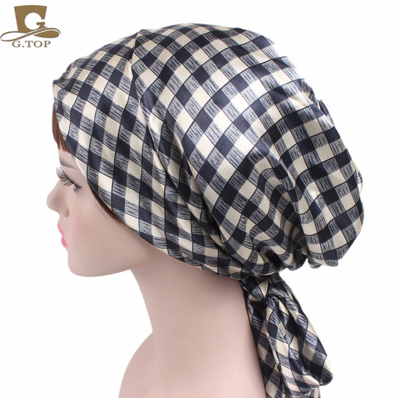 Women's Satin Print Ribbon Bowknot Tam-O'-Shanter Nightcap Silk Pile Cap Long Tail Woven Hat Women's Satin Print Ribbon Bowknot Tam-O'-Shanter Nightcap Silk Pile Cap Long Tail Woven Hat