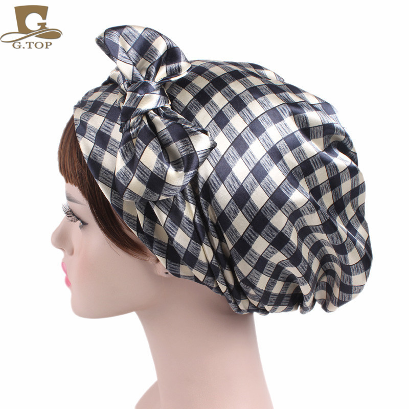 Women's Satin Print Ribbon Bowknot Tam-O'-Shanter Nightcap Silk Pile Cap Long Tail Woven Hat Women's Satin Print Ribbon Bowknot Tam-O'-Shanter Nightcap Silk Pile Cap Long Tail Woven Hat