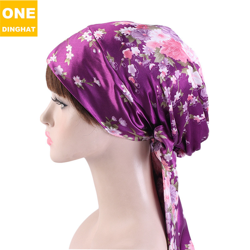 Women's Satin Print Ribbon Bowknot Tam-O'-Shanter Nightcap Silk Pile Cap Long Tail Woven Hat Women's Satin Print Ribbon Bowknot Tam-O'-Shanter Nightcap Silk Pile Cap Long Tail Woven Hat