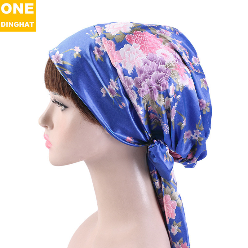 Women's Satin Print Ribbon Bowknot Tam-O'-Shanter Nightcap Silk Pile Cap Long Tail Woven Hat Women's Satin Print Ribbon Bowknot Tam-O'-Shanter Nightcap Silk Pile Cap Long Tail Woven Hat