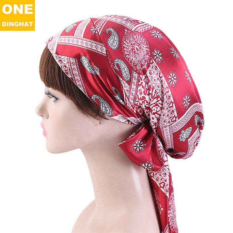 Women's Satin Print Ribbon Bowknot Tam-O'-Shanter Nightcap Silk Pile Cap Long Tail Woven Hat Women's Satin Print Ribbon Bowknot Tam-O'-Shanter Nightcap Silk Pile Cap Long Tail Woven Hat
