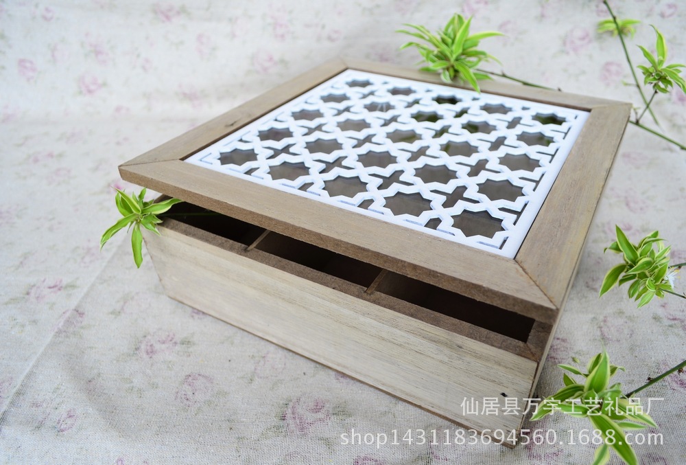 Zakka wooden box to make old jewelry box transparent carving decoration pieces about nine grid carving groceries