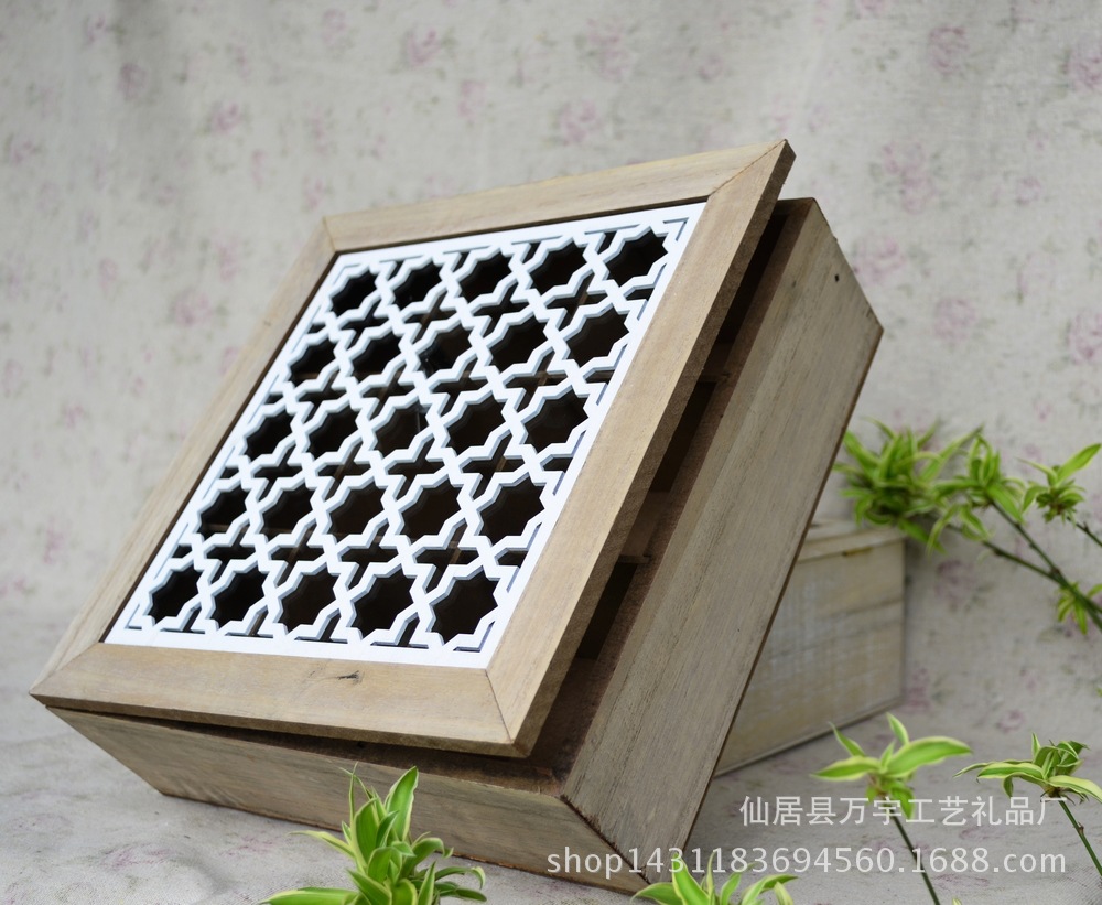Zakka wooden box to make old jewelry box transparent carving decoration pieces about nine grid carving groceries