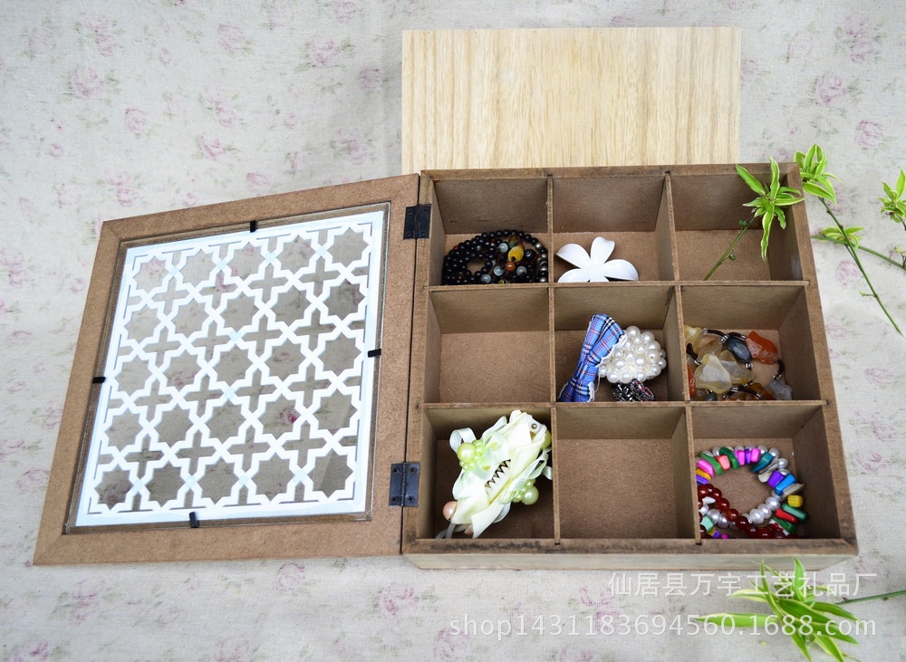 Zakka wooden box to make old jewelry box transparent carving decoration pieces about nine grid carving groceries
