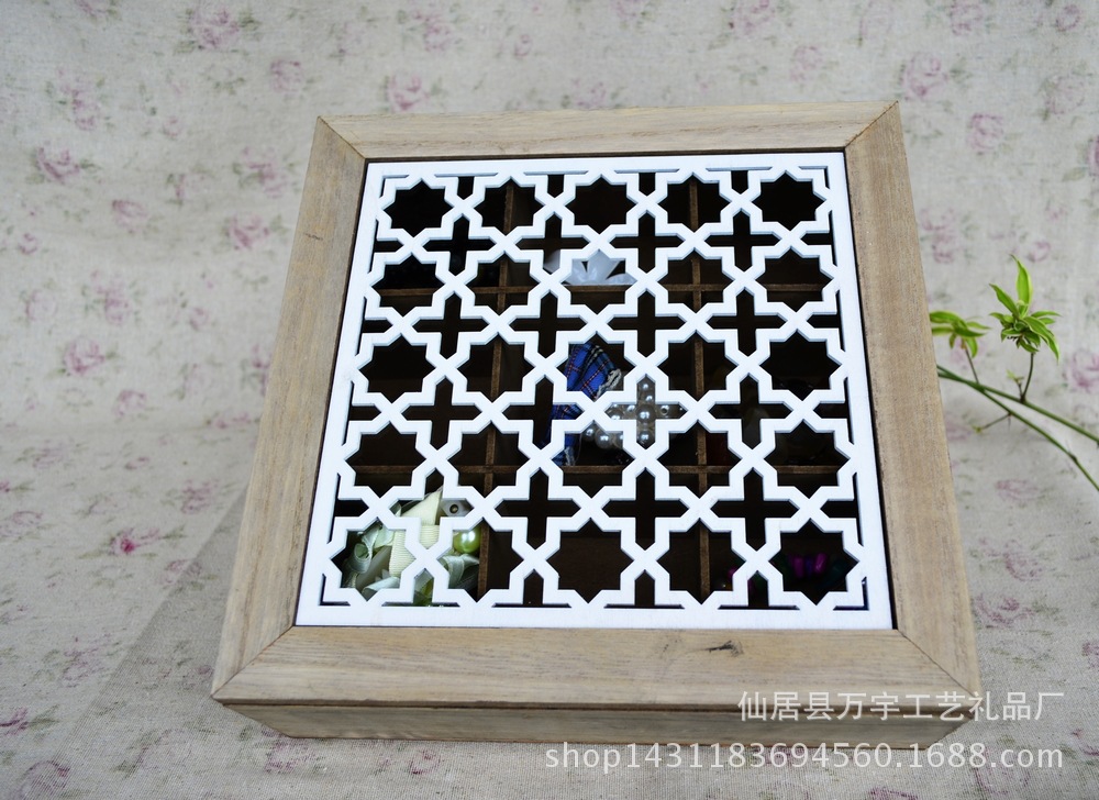 Zakka wooden box to make old jewelry box transparent carving decoration pieces about nine grid carving groceries