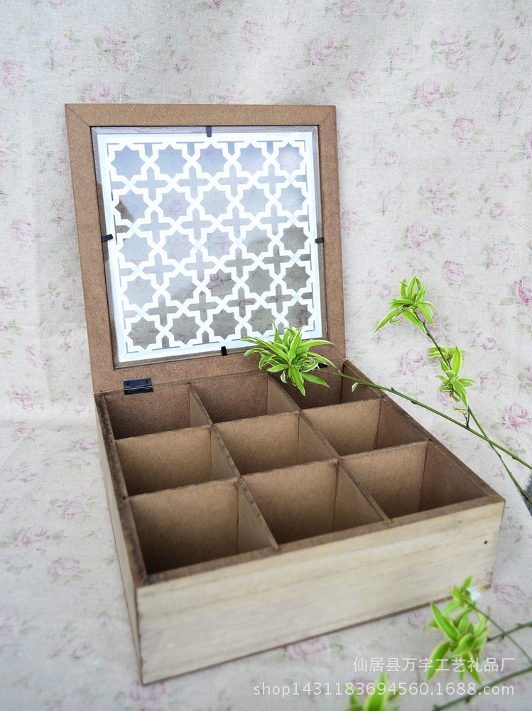 Zakka wooden box to make old jewelry box transparent carving decoration pieces about nine grid carving groceries
