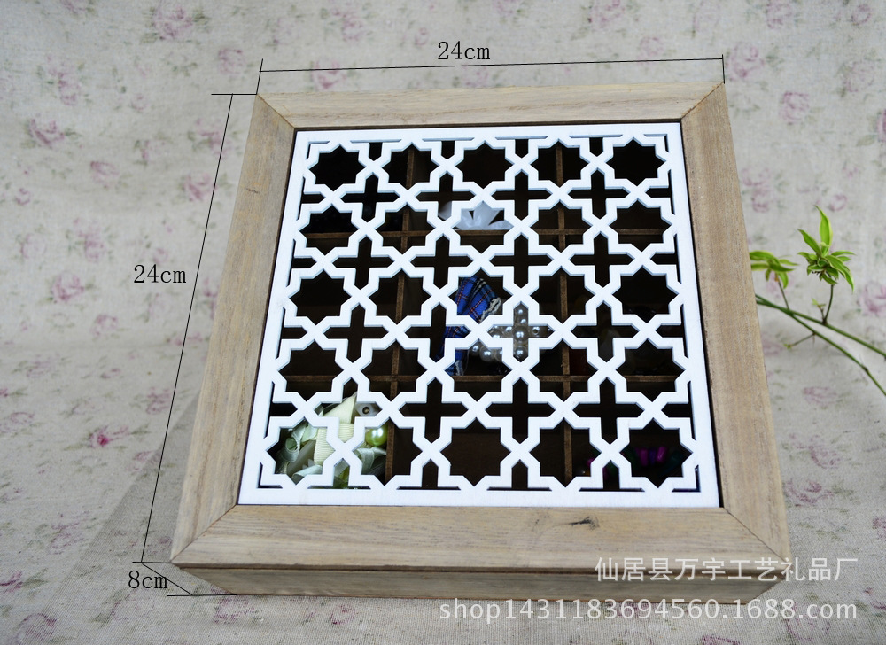 Zakka wooden box to make old jewelry box transparent carving decoration pieces about nine grid carving groceries