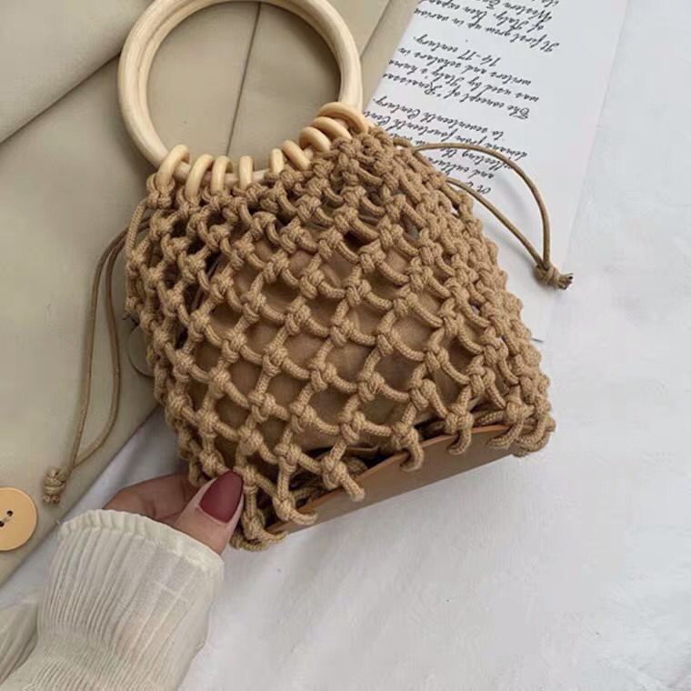 New Cotton Mesh Pocket Hand Drawstring Woven Bag Hand Carrying Fresh Straw Bag Casual Women&#039;s Bag Beach Bag HTT