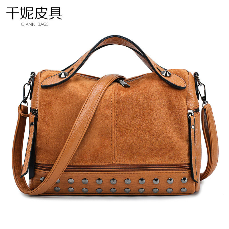 Amazon Women&#039;s Bag Foreign Trade Popular Style Rivet Handbag European and American Fashion Frosted Motorcycle Bag Women&#039;s Large Shoulder Bag
