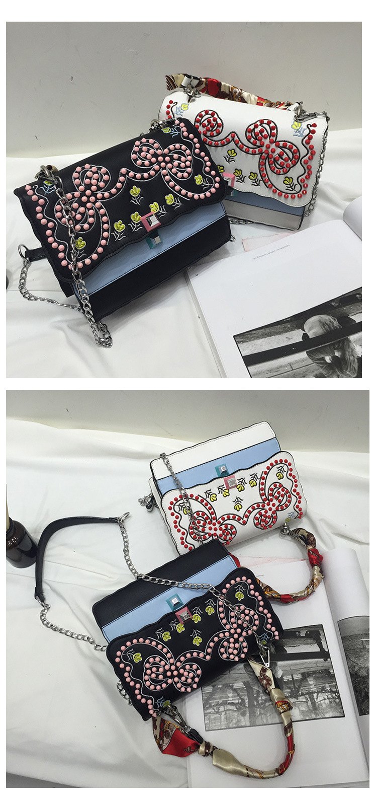 2017 catwalk fashion embroidery chain shoulder bag women bag rivet bag 4947