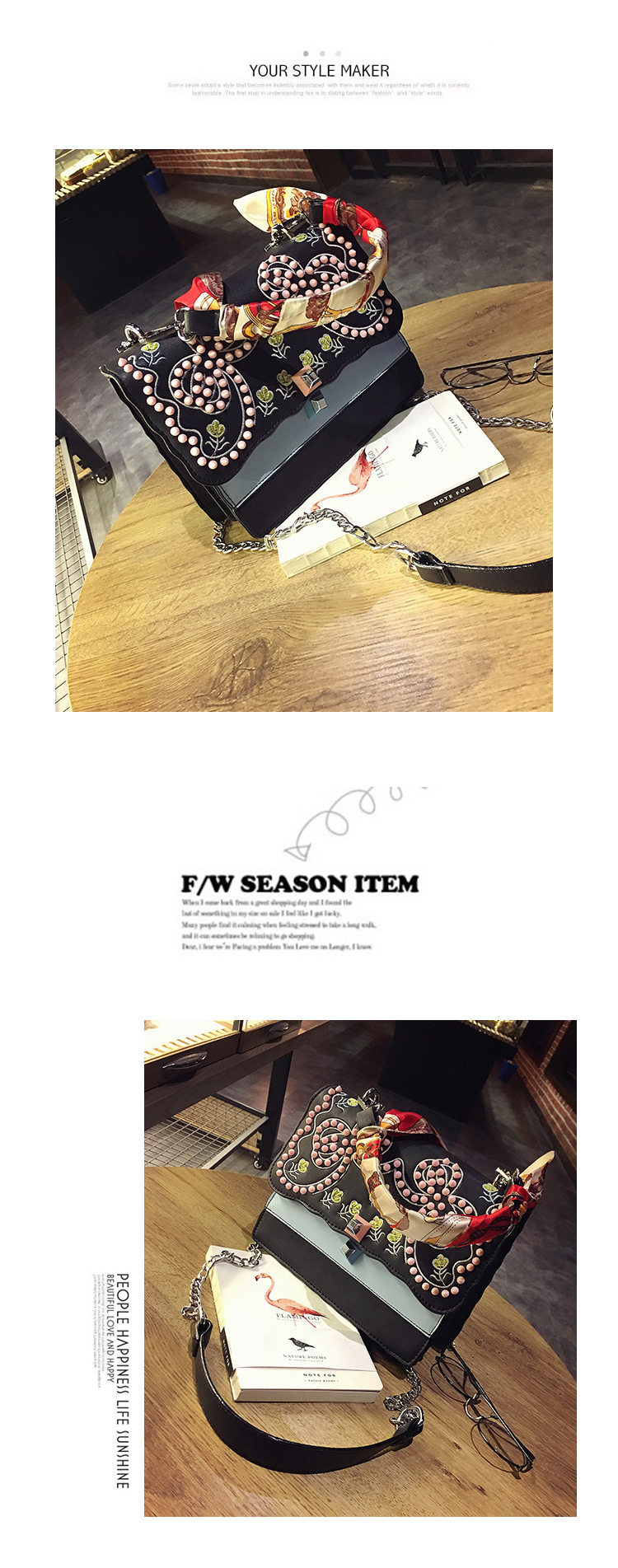 2017 catwalk fashion embroidery chain shoulder bag women bag rivet bag 4947
