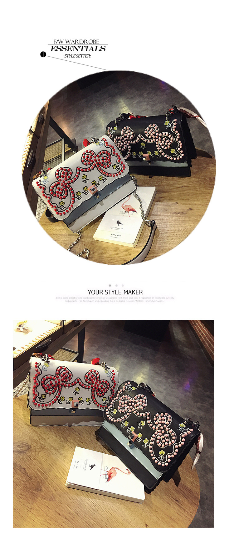 2017 catwalk fashion embroidery chain shoulder bag women bag rivet bag 4947
