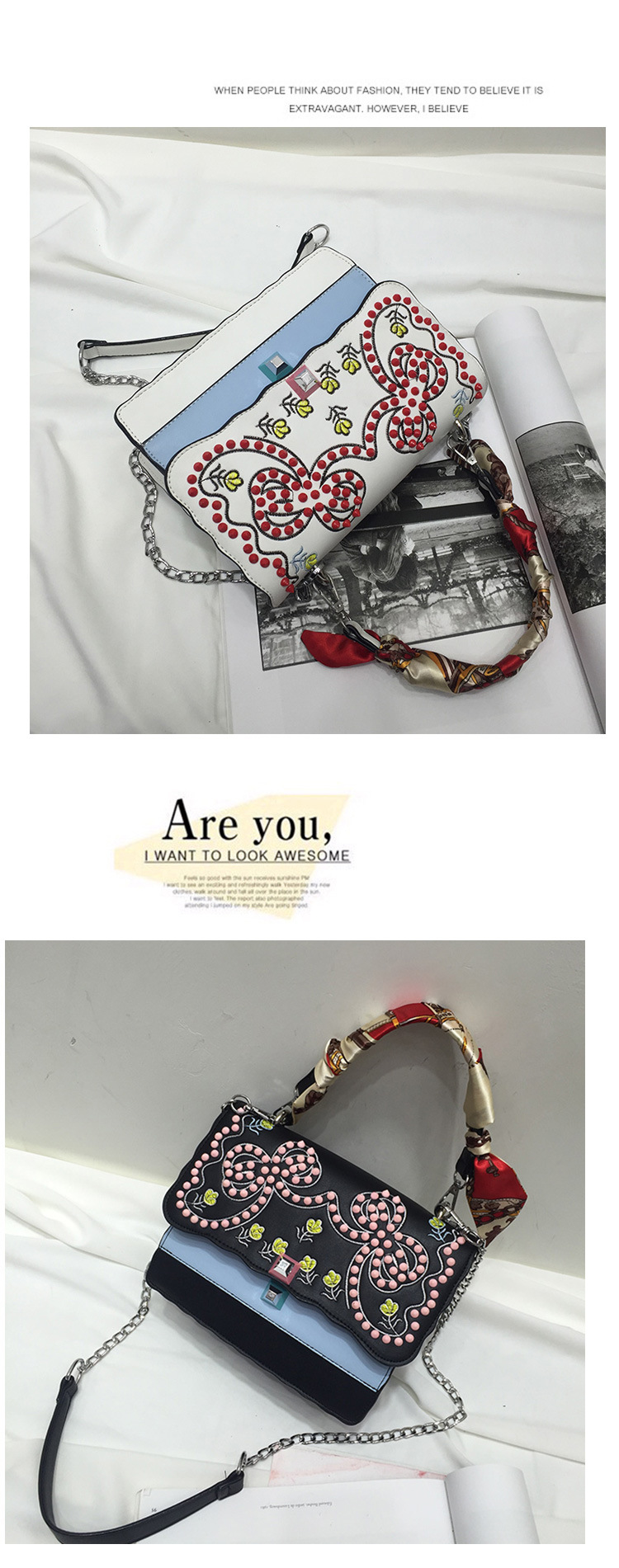 2017 catwalk fashion embroidery chain shoulder bag women bag rivet bag 4947