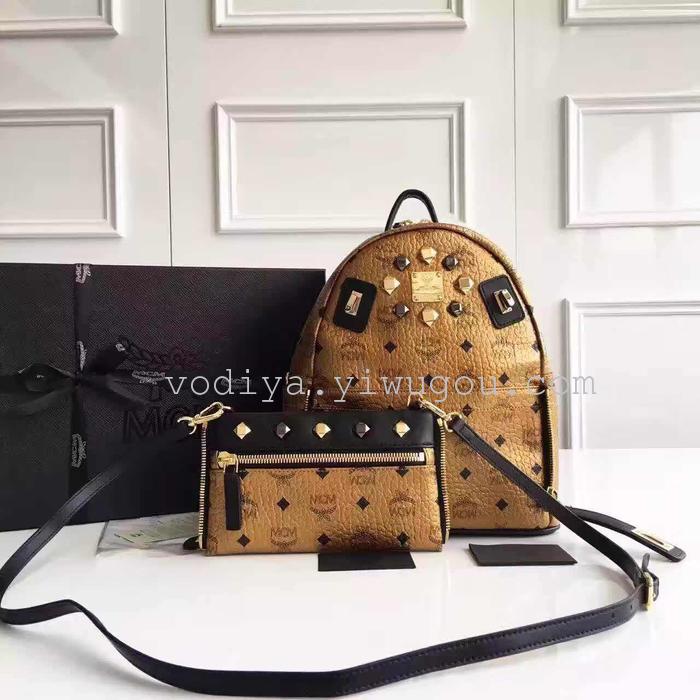 Leather series double shoulder bag rivet bag senior custom paragraph student bag leisure bag