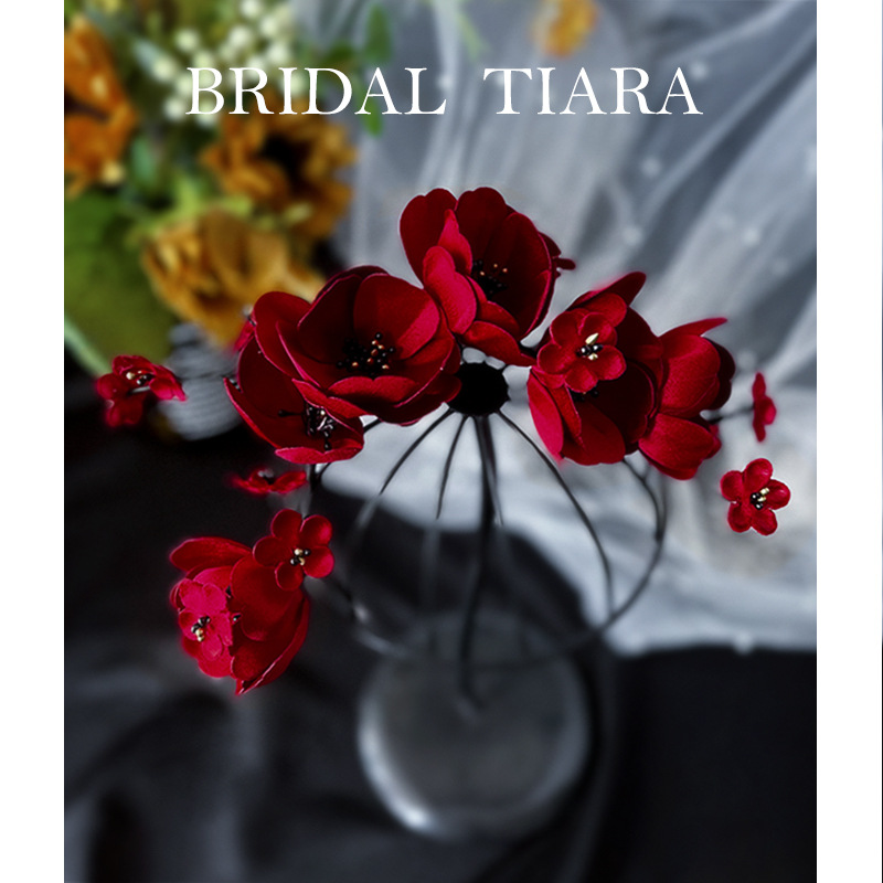 2021 Korean Style Wine Red Petal Headband Bride Wedding Toast Dress Dinner Dress Photography Headdress Flower Ornament