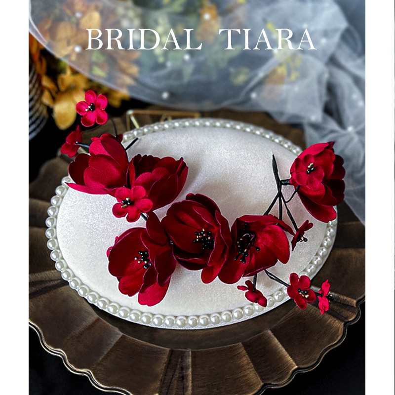 2021 Korean Style Wine Red Petal Headband Bride Wedding Toast Dress Dinner Dress Photography Headdress Flower Ornament