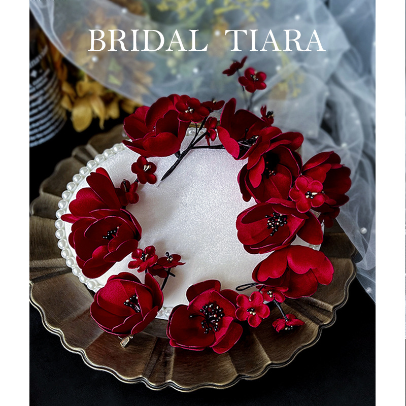2021 Korean Style Wine Red Petal Headband Bride Wedding Toast Dress Dinner Dress Photography Headdress Flower Ornament