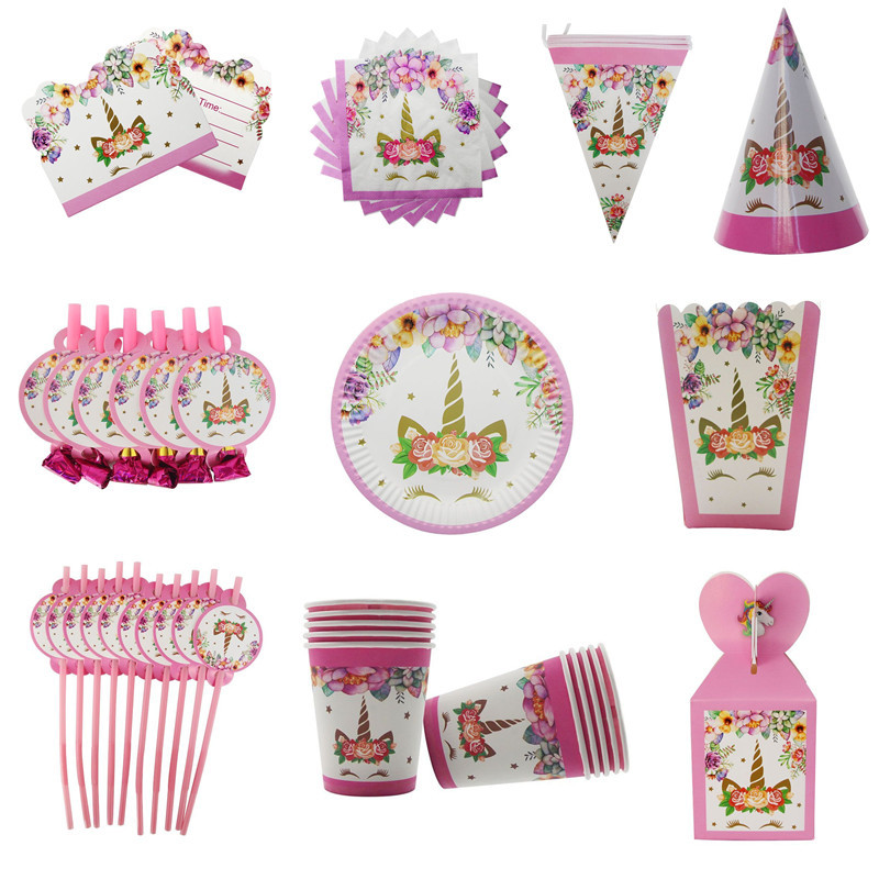 Unicorn pennant paper plate popcorn box paper hat cup Unicorn birthday party set