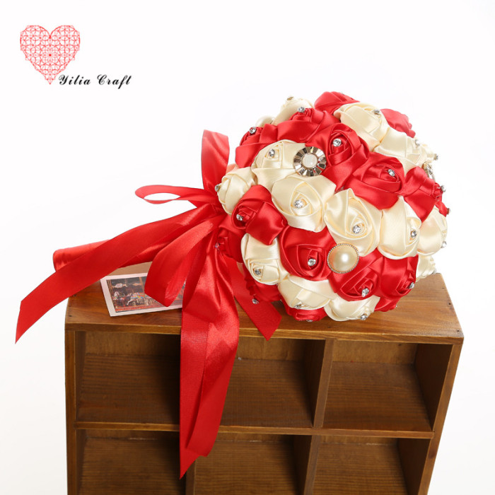 Handmade cloth art fake flower bridal bouquet simulation double - colored rose Korean style. Handmade cloth art fake flower bridal bouquet simulation double - colored rose Korean style.