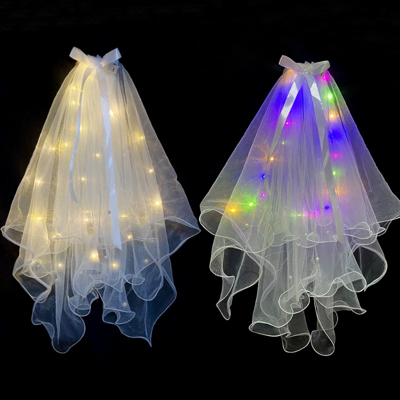 Internet Celebrity Veil Light-Emitting Double-Layer Super Fairy New Bow Wedding Veil