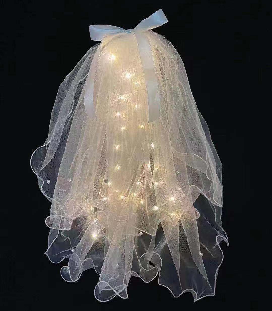 Tik Tok Online Sensation Luminous Veil Double-Layer Colored Light Pearl Veil Wedding Veil