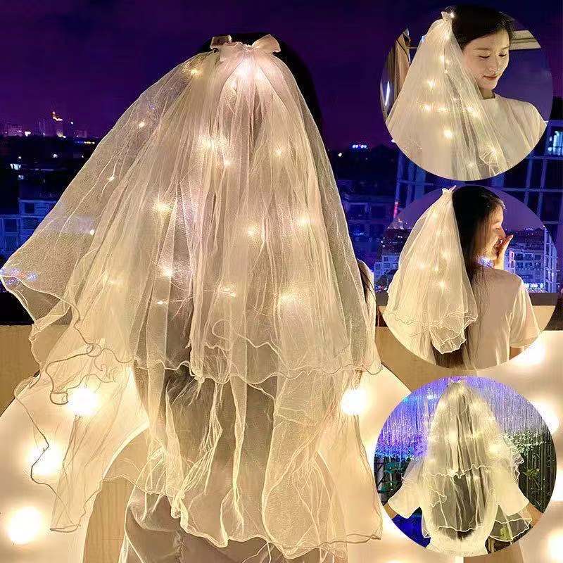 Tik Tok Online Sensation Luminous Veil Double-Layer Colored Light Pearl Veil Wedding Veil