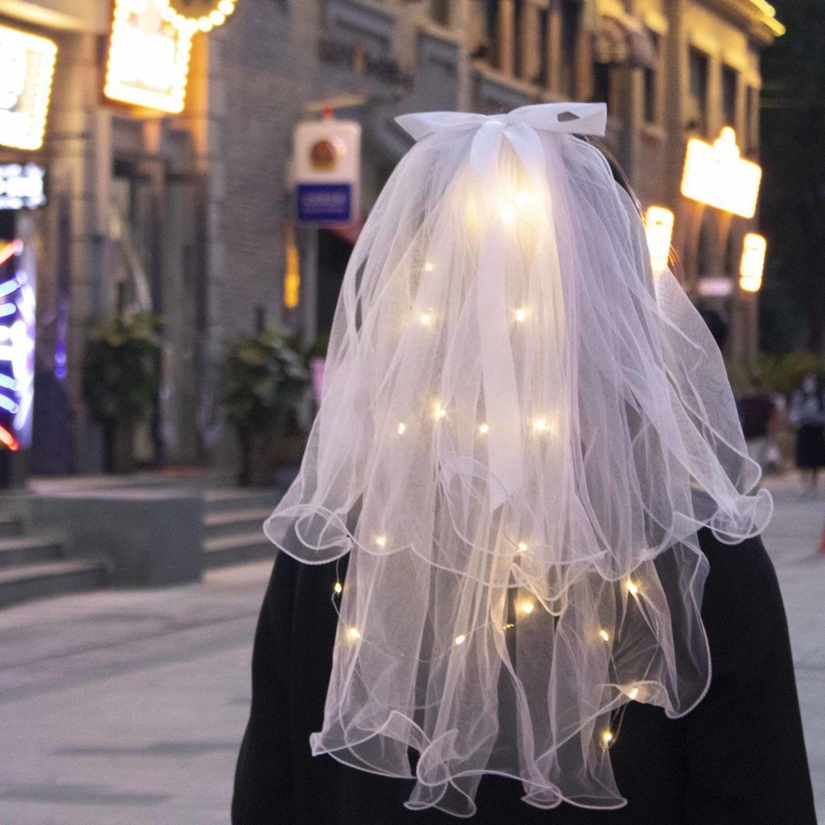 Tik Tok Online Sensation Luminous Veil Double-Layer Colored Light Pearl Veil Wedding Veil