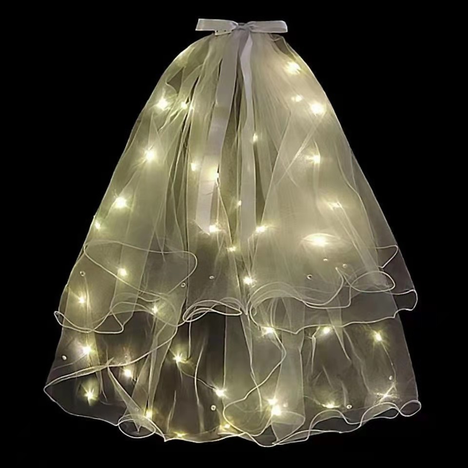 Tik Tok Online Sensation Luminous Veil Double-Layer Colored Light Pearl Veil Wedding Veil