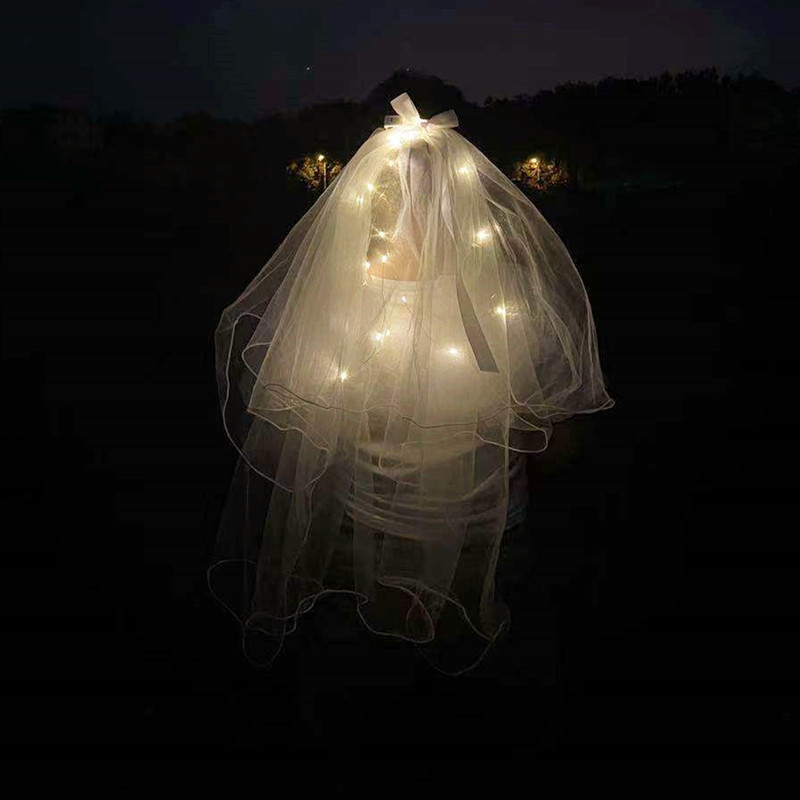 Luminous Veil Beautiful White Women's Veil Veil New Bow Double-Layer Wedding Veil Luminous Veil Beautiful White Women's Veil Veil New Bow Double-Layer Wedding Veil