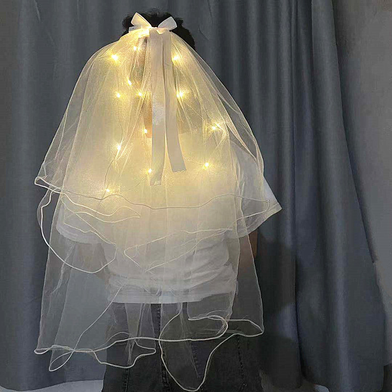 Luminous Internet Celebrity Veil Double-Layer Super Fairy New Bow Pearl Wedding Veil