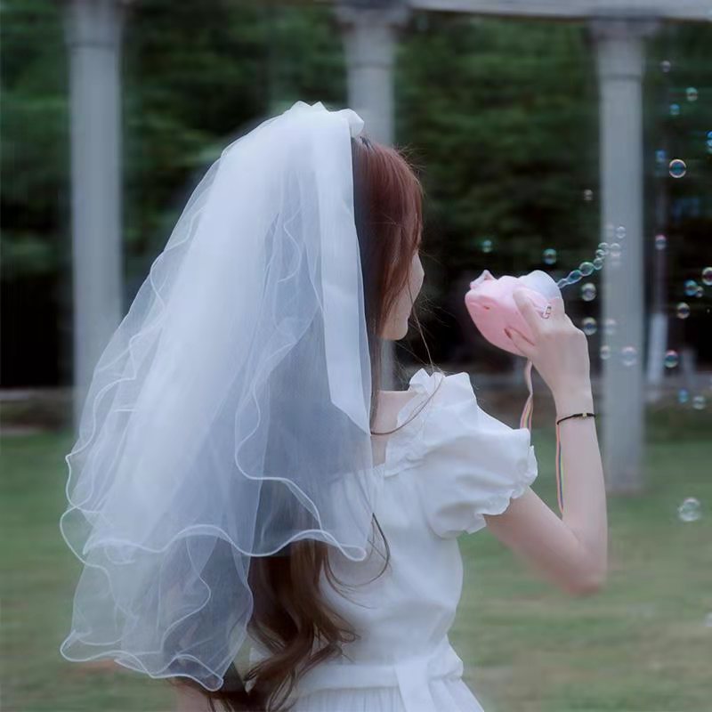Luminous Internet Celebrity Veil Double-Layer Super Fairy New Bow Pearl Wedding Veil