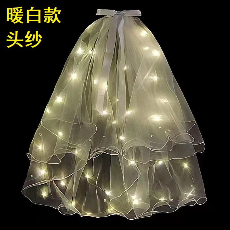 Luminous Internet Celebrity Veil Double-Layer Super Fairy New Bow Pearl Wedding Veil