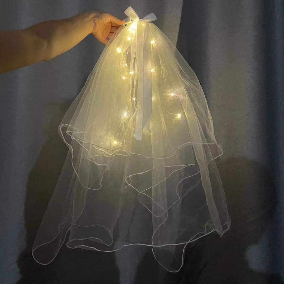 Luminous Internet Celebrity Veil Double-Layer Super Fairy New Bow Pearl Wedding Veil