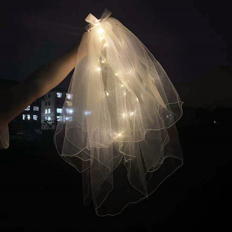 Luminous Internet Celebrity Veil Double-Layer Super Fairy New Bow Pearl Wedding Veil