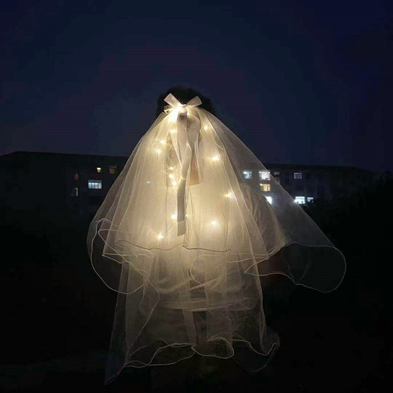 Luminous Internet Celebrity Veil Double-Layer Super Fairy New Bow Pearl Wedding Veil