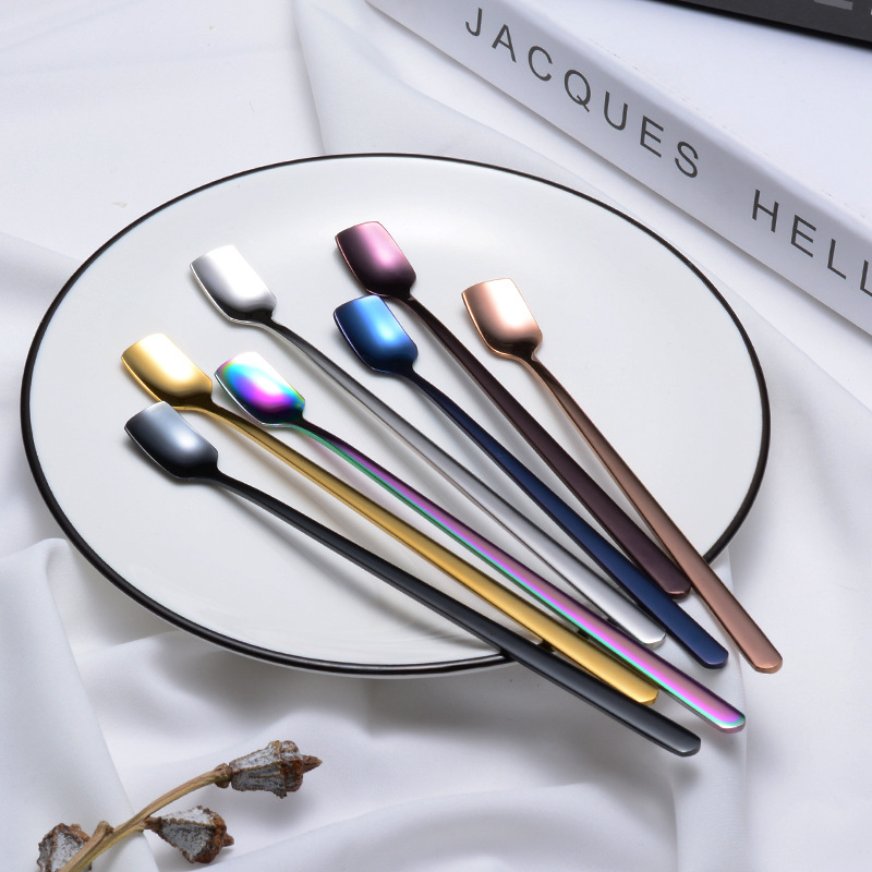 steel lengthened mixing spoon square shape long ice spoon plated titanium PVD colorful dessert shop tableware gifts