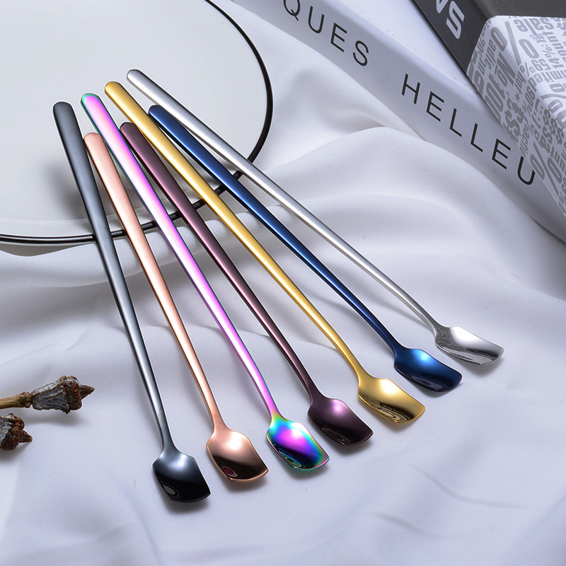 steel lengthened mixing spoon square shape long ice spoon plated titanium PVD colorful dessert shop tableware gifts